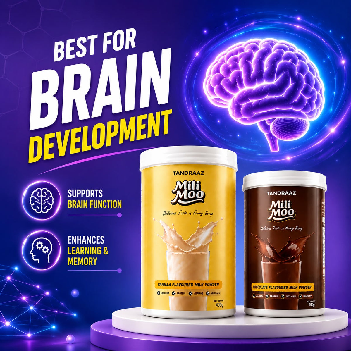 Tandraaz MiliMoo – Brain Development Flavoured Milk Powder for Kids (400g) | Vanilla & Chocolate