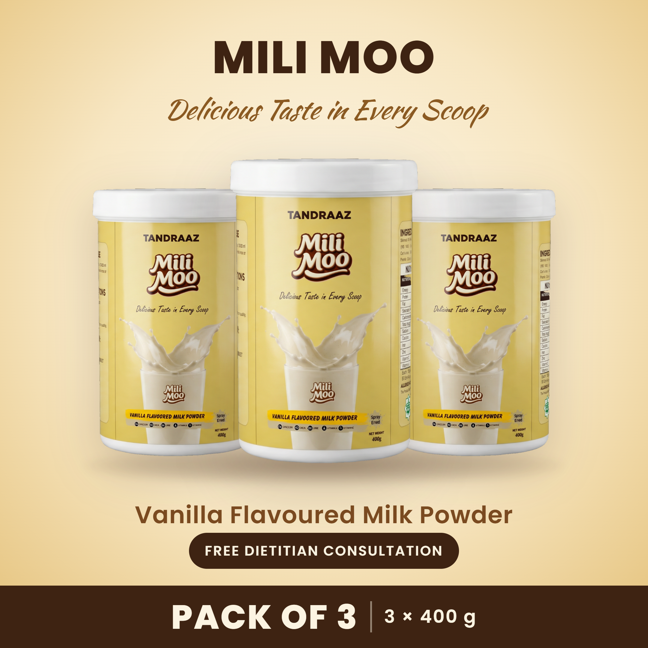 Mili Moo Vanilla Flavoured Milk Powder – Pack of 3 (3 × 400g)